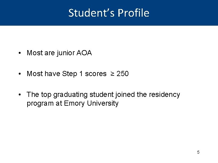 Student’s Profile • Most are junior AOA • Most have Step 1 scores ≥