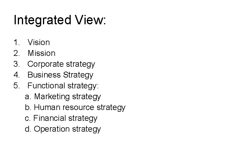 Integrated View: 1. 2. 3. 4. 5. Vision Mission Corporate strategy Business Strategy Functional