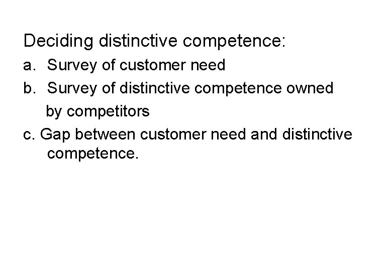 Deciding distinctive competence: a. Survey of customer need b. Survey of distinctive competence owned