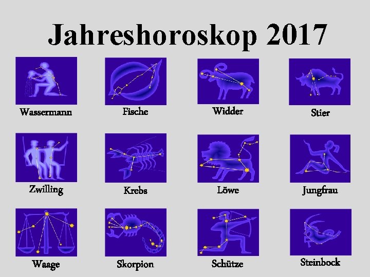 Jahreshoroskop 2017 Wassermann Fische Widder Stier Zwilling Krebs Löwe Jungfrau Waage Skorpion Schütze Steinbock