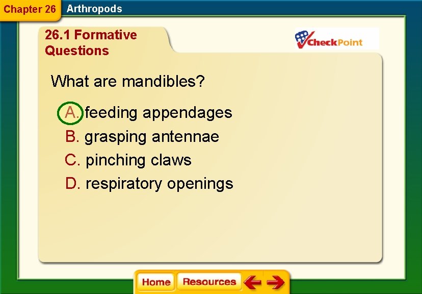 Chapter 26 Arthropods 26. 1 Formative Questions What are mandibles? A. feeding appendages B.