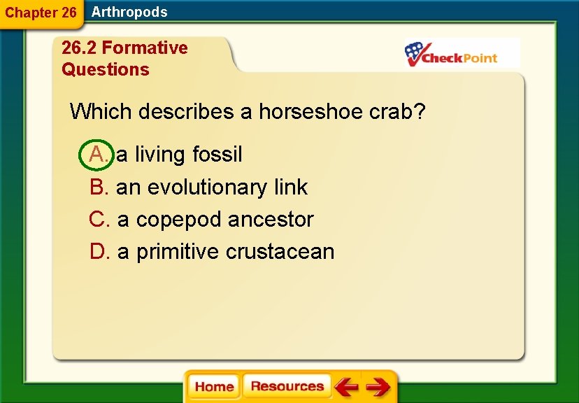 Chapter 26 Arthropods 26. 2 Formative Questions Which describes a horseshoe crab? A. a