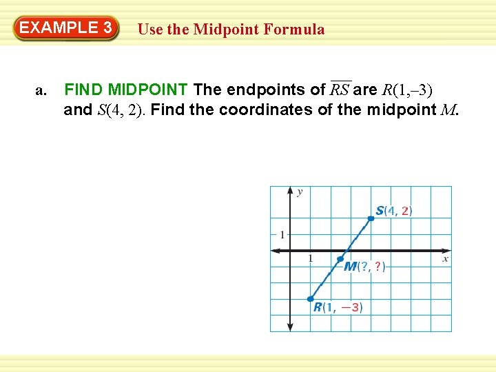 EXAMPLE 3 Use the Midpoint Formula a. FIND MIDPOINT The endpoints of RS are