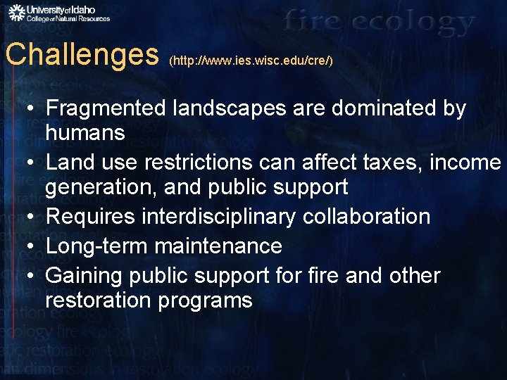 Challenges (http: //www. ies. wisc. edu/cre/) • Fragmented landscapes are dominated by humans •