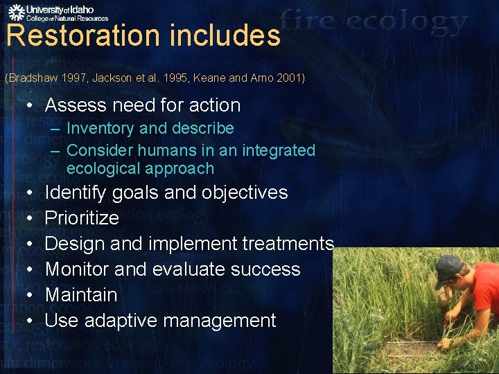 Restoration includes (Bradshaw 1997, Jackson et al. 1995, Keane and Arno 2001) • Assess