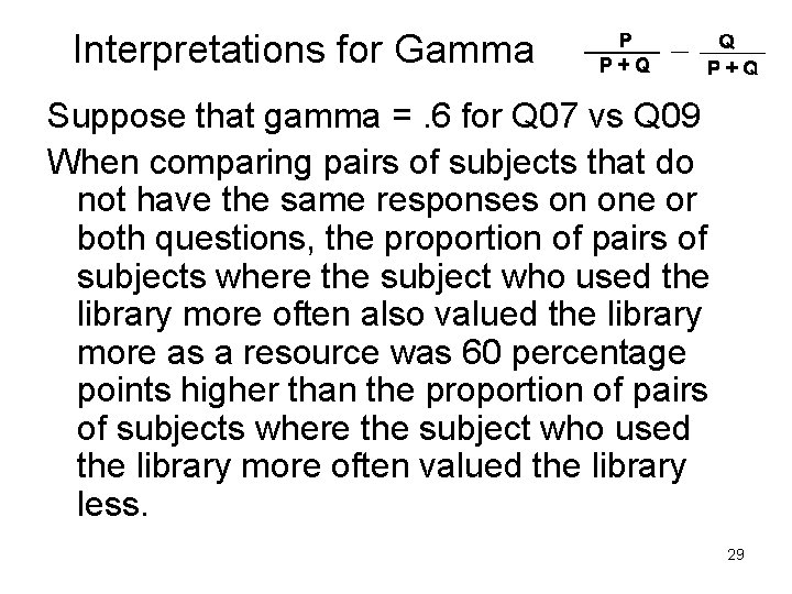 Interpretations for Gamma Suppose that gamma =. 6 for Q 07 vs Q 09