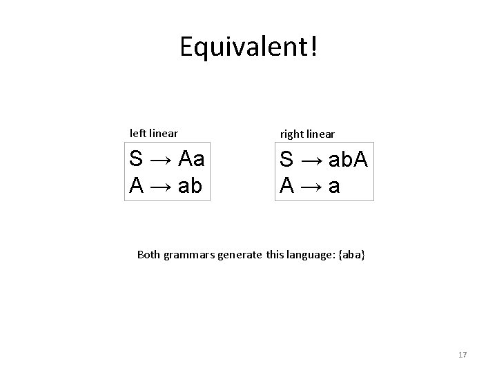Equivalent! left linear right linear S → Aa A → ab S → ab.