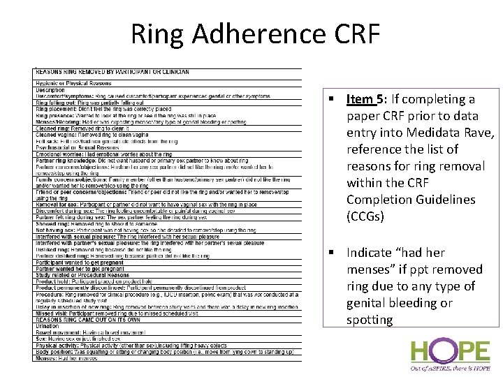 Ring Adherence CRF § Item 5: If completing a paper CRF prior to data