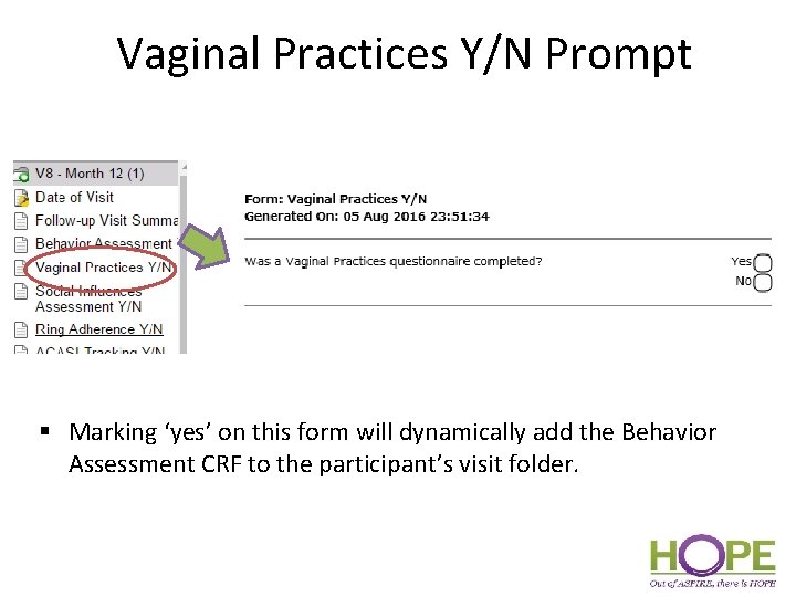 Vaginal Practices Y/N Prompt § Marking ‘yes’ on this form will dynamically add the