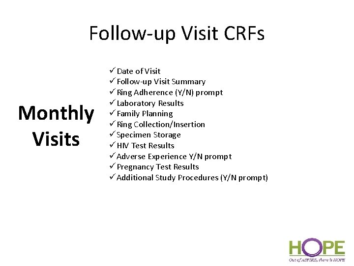 Follow-up Visit CRFs Monthly Visits üDate of Visit üFollow-up Visit Summary üRing Adherence (Y/N)