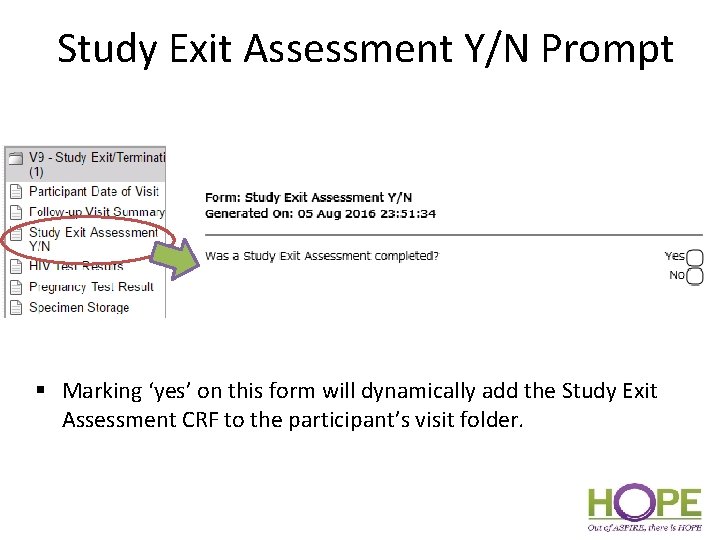 Study Exit Assessment Y/N Prompt § Marking ‘yes’ on this form will dynamically add