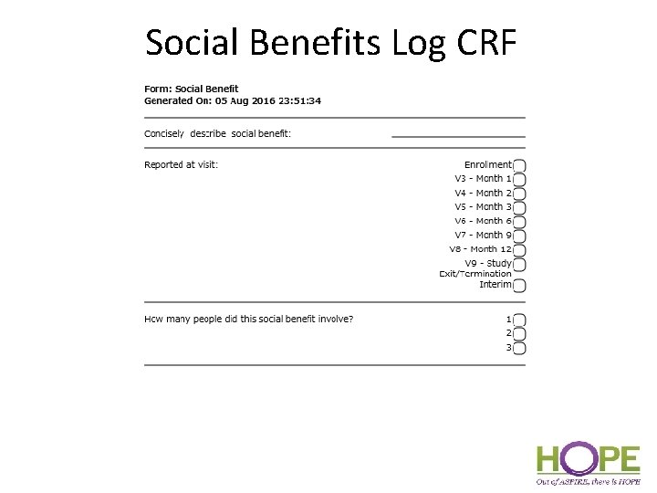 Social Benefits Log CRF 