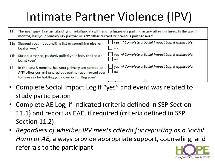 Intimate Partner Violence (IPV) • Complete Social Impact Log if “yes” and event was