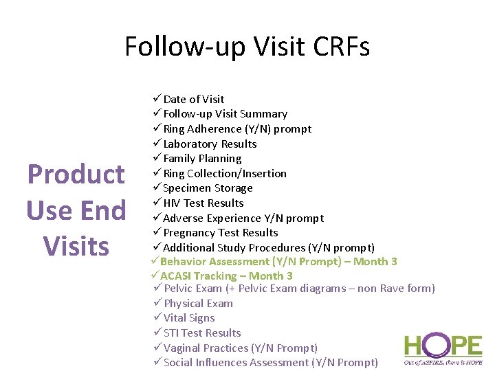Follow-up Visit CRFs Product Use End Visits üDate of Visit üFollow-up Visit Summary üRing
