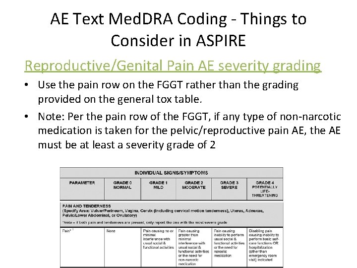 AE Text Med. DRA Coding - Things to Consider in ASPIRE Reproductive/Genital Pain AE