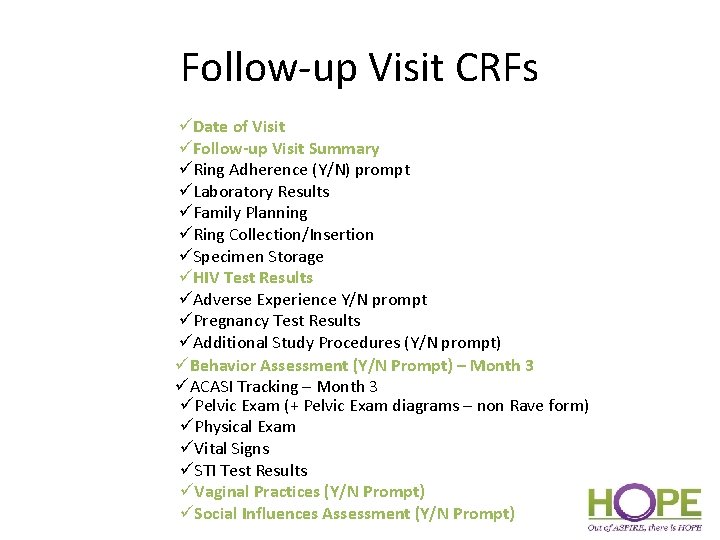 Follow-up Visit CRFs üDate of Visit üFollow-up Visit Summary üRing Adherence (Y/N) prompt üLaboratory