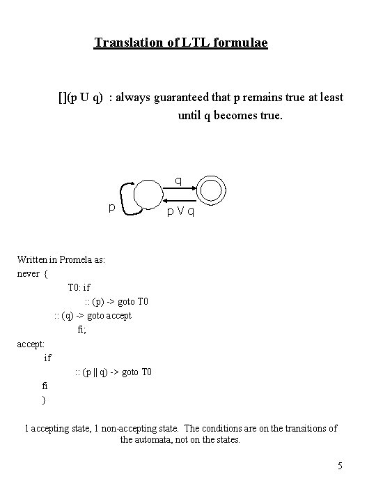 Translation of LTL formulae [](p U q) : always guaranteed that p remains true