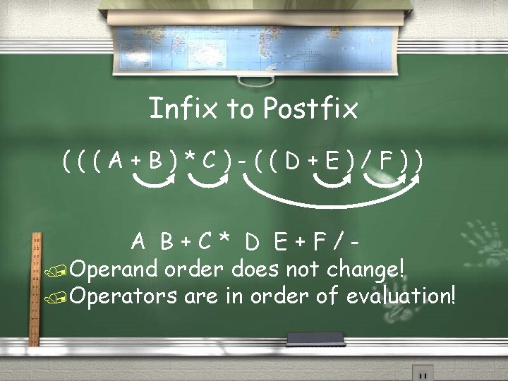 Infix to Postfix (((A+B)*C)-((D+E)/F)) A B+C* D E+F//Operand order does not change! /Operators are