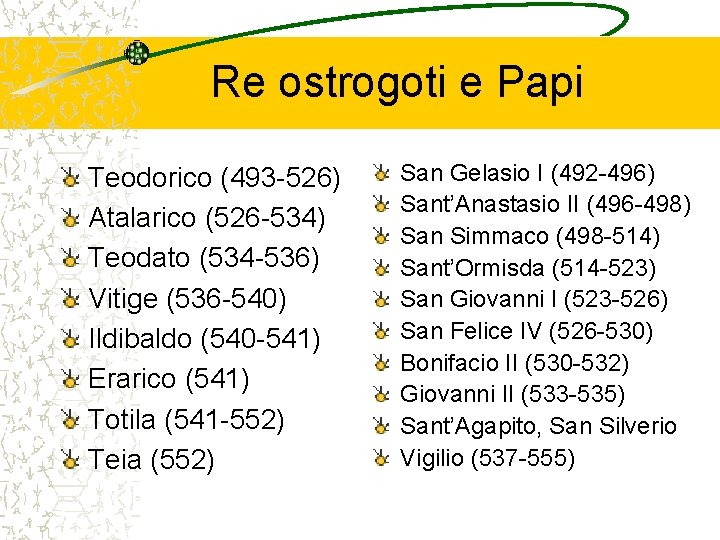 Re ostrogoti e Papi Teodorico (493 -526) Atalarico (526 -534) Teodato (534 -536) Vitige