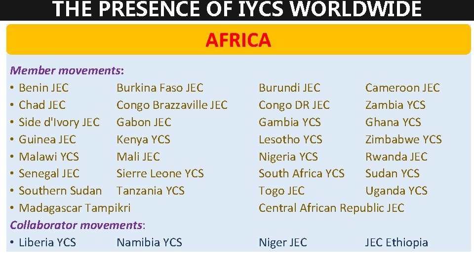 THE PRESENCE OF IYCS WORLDWIDE AFRICA Member movements: • Benin JEC Burkina Faso JEC