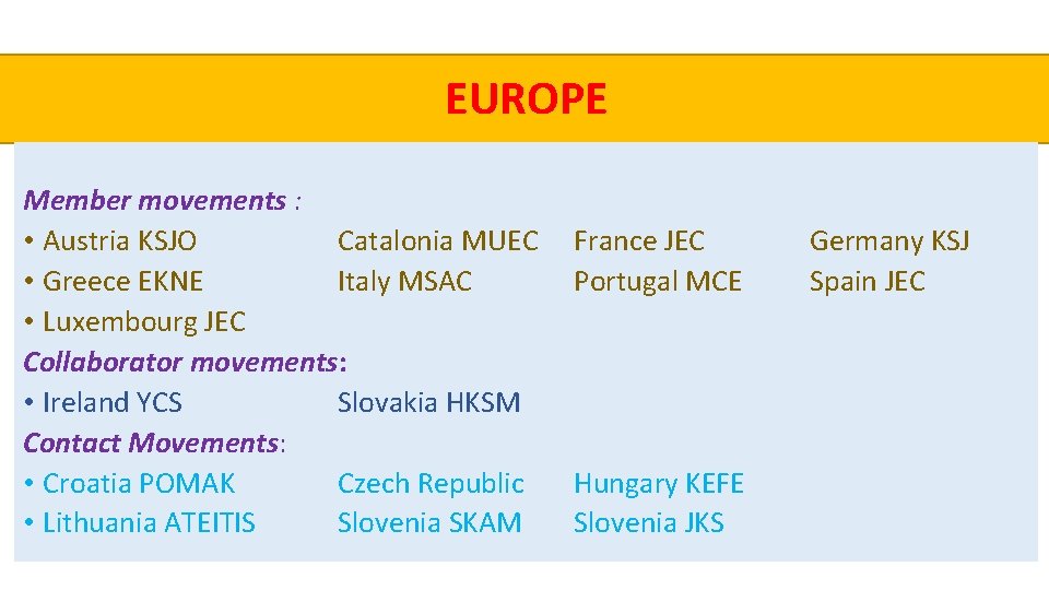 EUROPE Member movements : • Austria KSJO Catalonia MUEC • Greece EKNE Italy MSAC