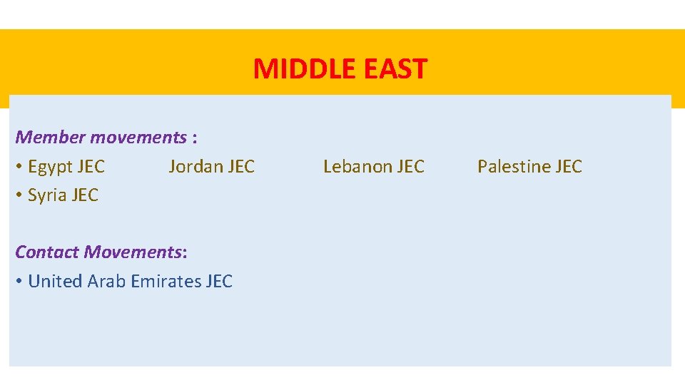 MIDDLE EAST Member movements : • Egypt JEC Jordan JEC • Syria JEC Contact