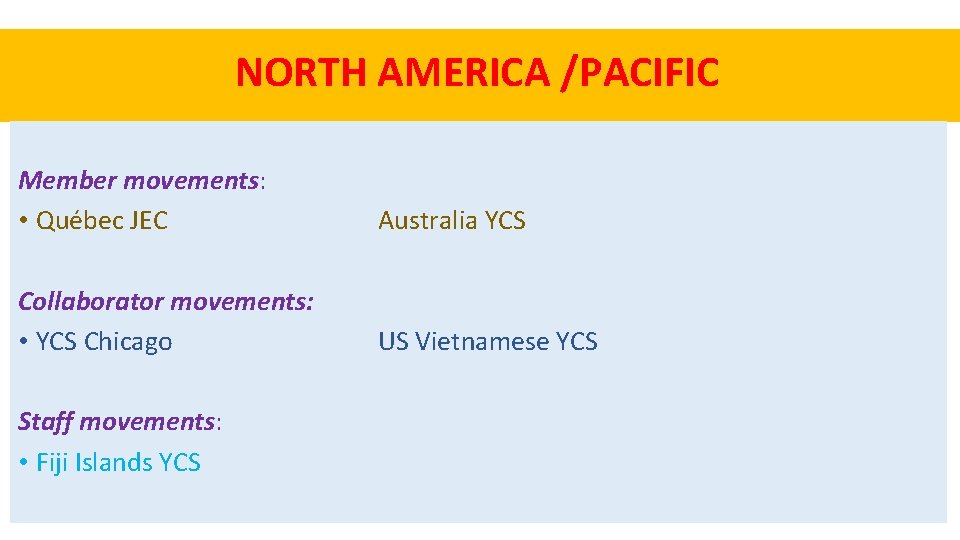 NORTH AMERICA /PACIFIC Member movements: • Québec JEC Australia YCS Collaborator movements: • YCS