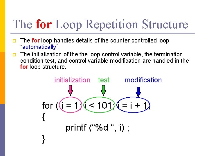 The for Loop Repetition Structure p p The for loop handles details of the