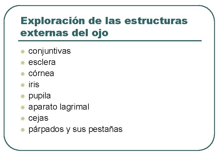Exploración de las estructuras externas del ojo l l l l conjuntivas esclera córnea