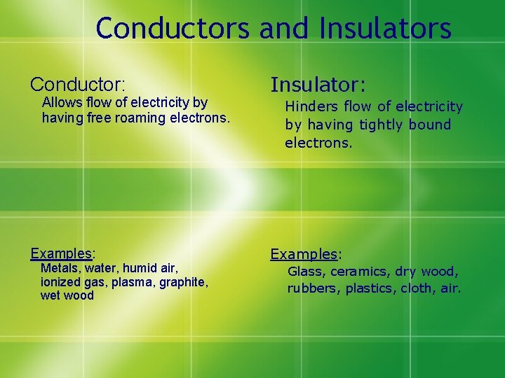 Conductors and Insulators Conductor: Allows flow of electricity by having free roaming electrons. Examples: