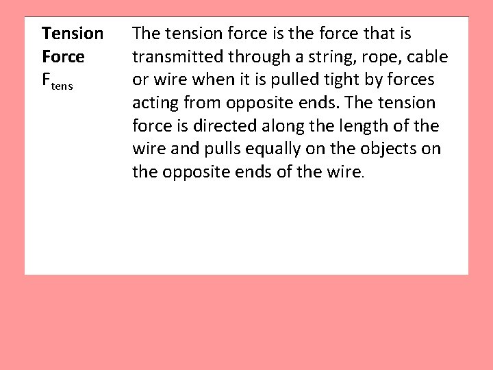 Tension Force Ftens The tension force is the force that is transmitted through a