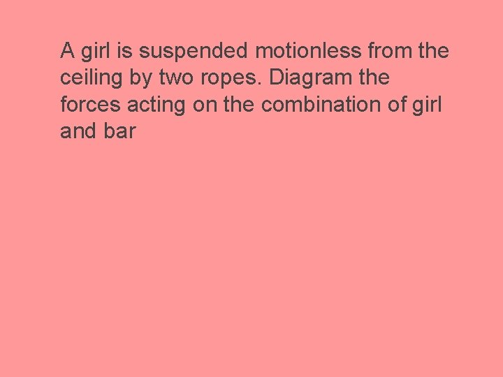 A girl is suspended motionless from the ceiling by two ropes. Diagram the forces
