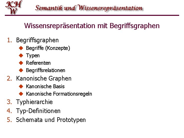 Wissensrepräsentation mit Begriffsgraphen 1. Begriffsgraphen u u Begriffe (Konzepte) Typen Referenten Begriffsrelationen 2. Kanonische