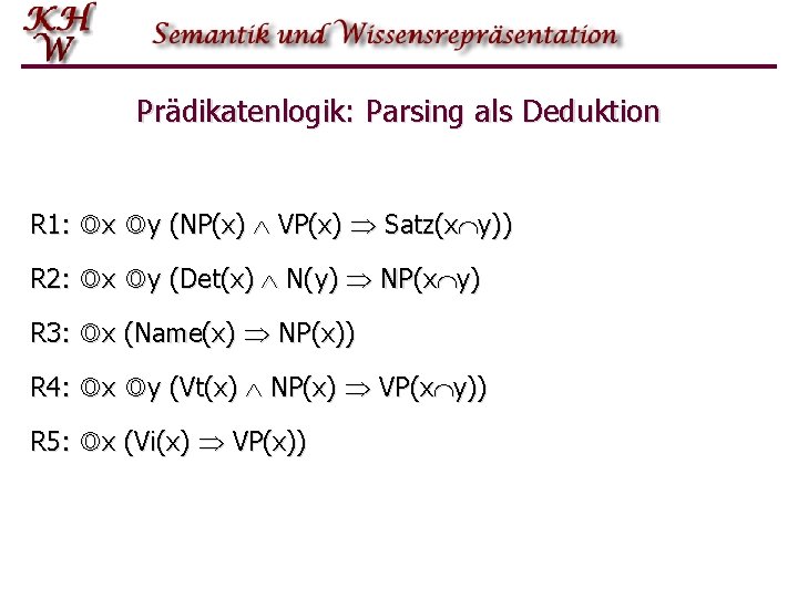 Prädikatenlogik: Parsing als Deduktion R 1: x y (NP(x) VP(x) Satz(x y)) R 2: