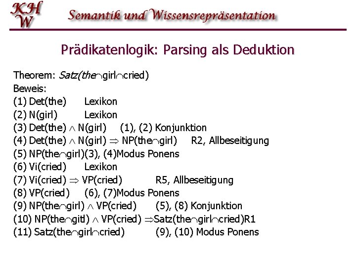 Prädikatenlogik: Parsing als Deduktion Theorem: Satz(the girl cried) Beweis: (1) Det(the) Lexikon (2) N(girl)