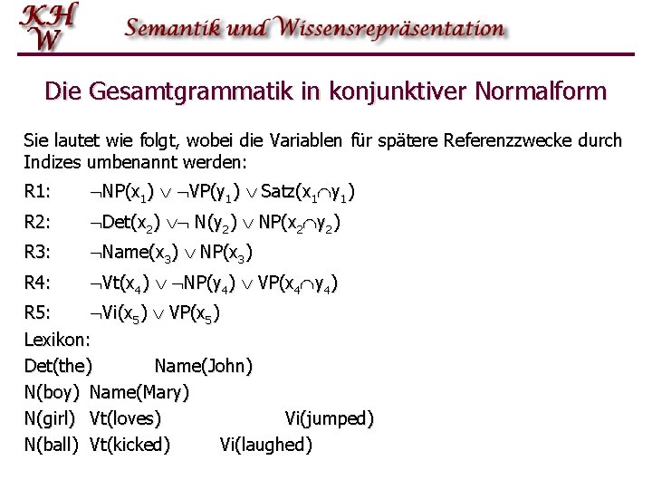 Die Gesamtgrammatik in konjunktiver Normalform Sie lautet wie folgt, wobei die Variablen für spätere