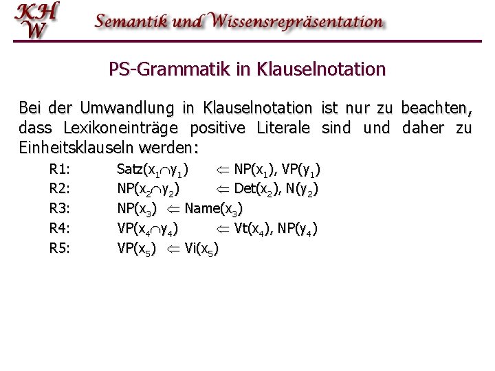 PS-Grammatik in Klauselnotation Bei der Umwandlung in Klauselnotation ist nur zu beachten, dass Lexikoneinträge