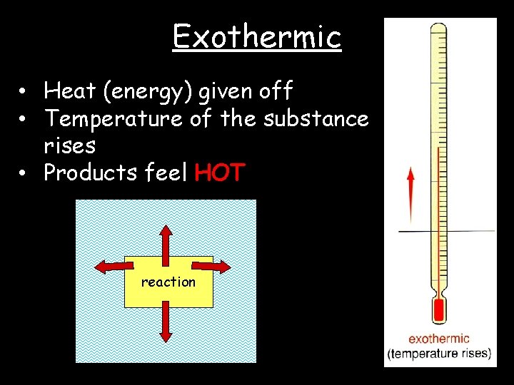 Exothermic • Heat (energy) given off • Temperature of the substance rises • Products