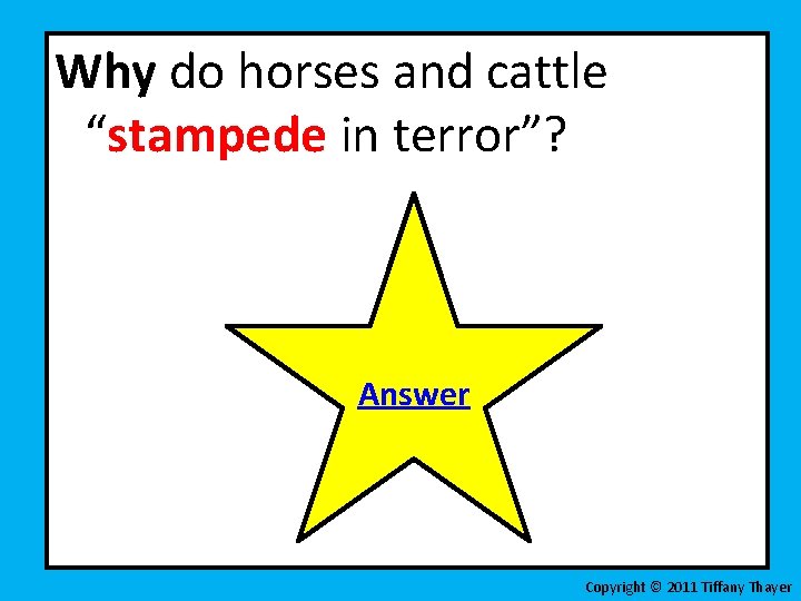 Why do horses and cattle “stampede in terror”? Answer Copyright © 2011 Tiffany Thayer