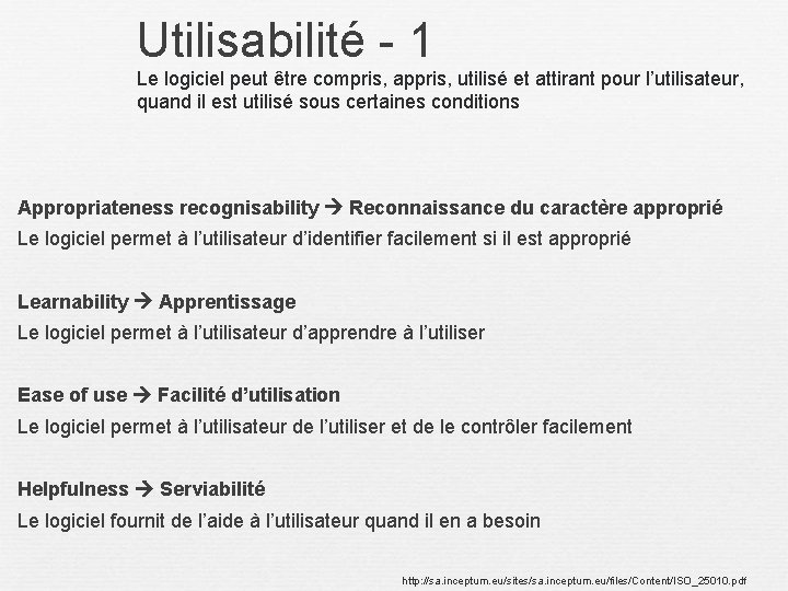 Utilisabilité - 1 Le logiciel peut être compris, appris, utilisé et attirant pour l’utilisateur,