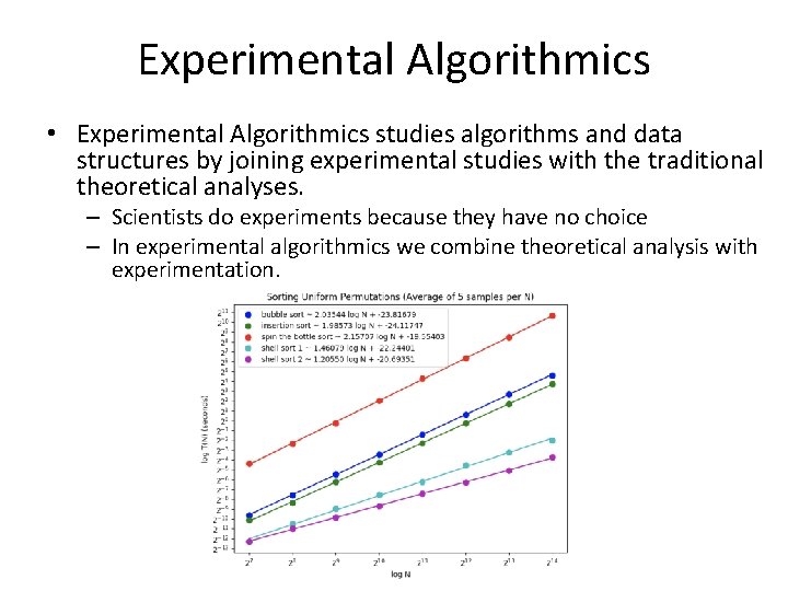 Experimental Algorithmics • Experimental Algorithmics studies algorithms and data structures by joining experimental studies