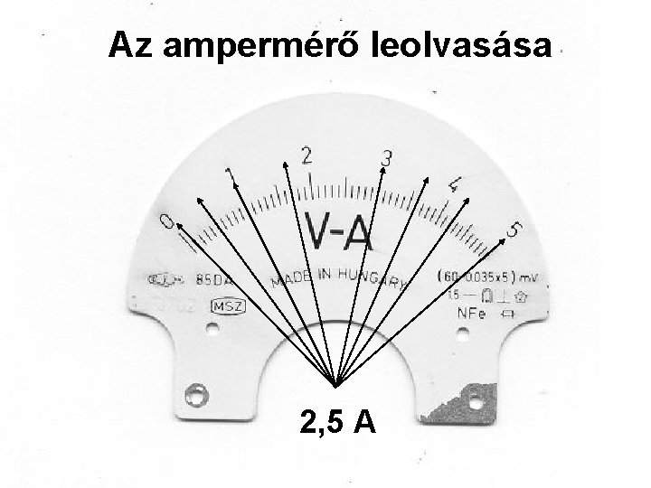 Az ampermérő leolvasása 2, 5 A 