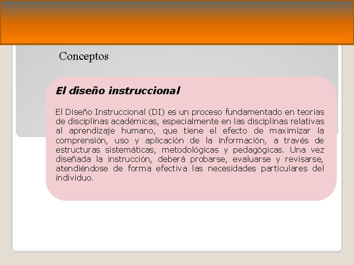 Conceptos El diseño instruccional El Diseño Instruccional (DI) es un proceso fundamentado en teorías