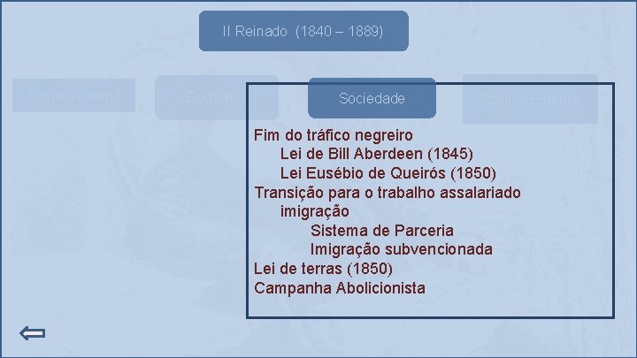 II Reinado (1840 – 1889) Política interna Economia Sociedade Política Externa Fim do tráfico