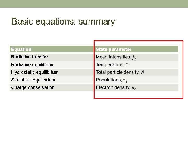 Basic equations: summary Equation Radiative transfer Radiative equilibrium Hydrostatic equilibrium Statistical equilibrium Charge conservation