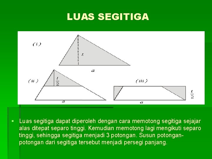 LUAS SEGITIGA § Luas segitiga dapat diperoleh dengan cara memotong segitiga sejajar alas ditepat