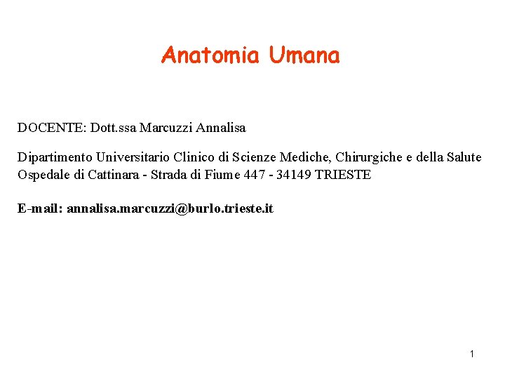 Anatomia Umana DOCENTE: Dott. ssa Marcuzzi Annalisa Dipartimento Universitario Clinico di Scienze Mediche, Chirurgiche