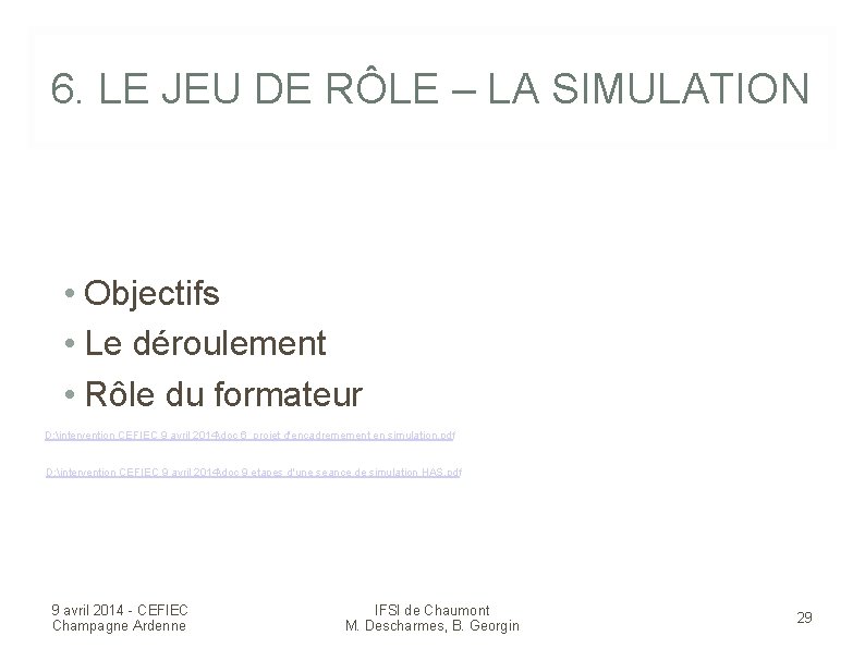 6. LE JEU DE RÔLE – LA SIMULATION • Objectifs • Le déroulement •