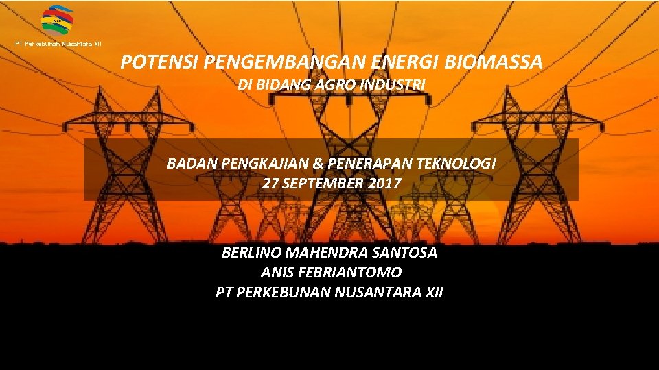 PT Perkebunan Nusantara XII POTENSI PENGEMBANGAN ENERGI BIOMASSA DI BIDANG AGRO INDUSTRI BADAN PENGKAJIAN