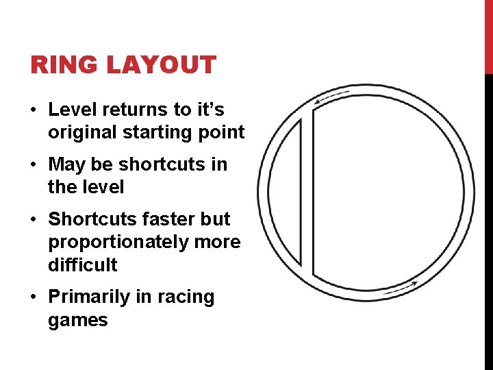 RING LAYOUT • Level returns to it’s original starting point • May be shortcuts